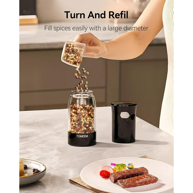 Tomeem Electric Salt and Pepper Grinder Set with LED Power Indicator, Type-C Rechargeable, 5 Adjustable Coarseness, 2 Pack