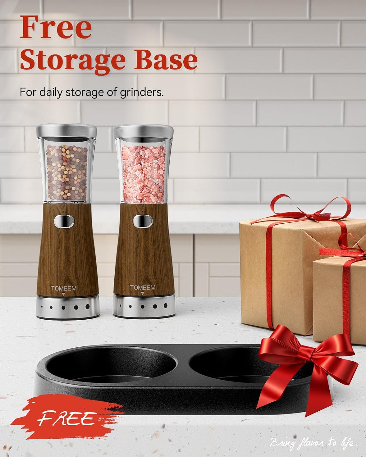 Electric Salt and Pepper Grinder Set, Large 4.5oz Capacity, Stainless Steel & Wood Design with Adjustable Coarseness and LED Light, USB Rechargeable, Salt and Pepper Grinder Set Includes Base Holder