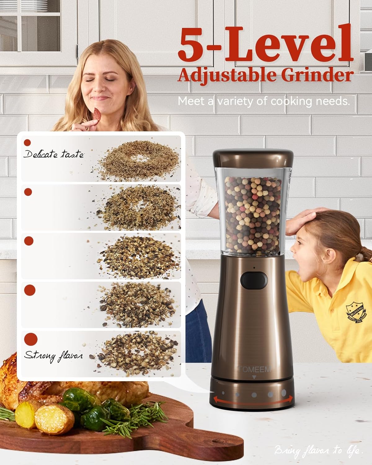 Electric Salt and Pepper Grinder Set with Storage Base, Stainless Steel Rechargeable Salt and Pepper Grinder Set with 4.5oz Large Capacity, 1.8" Wide Mouth, Adjustable Coarseness, Bronze