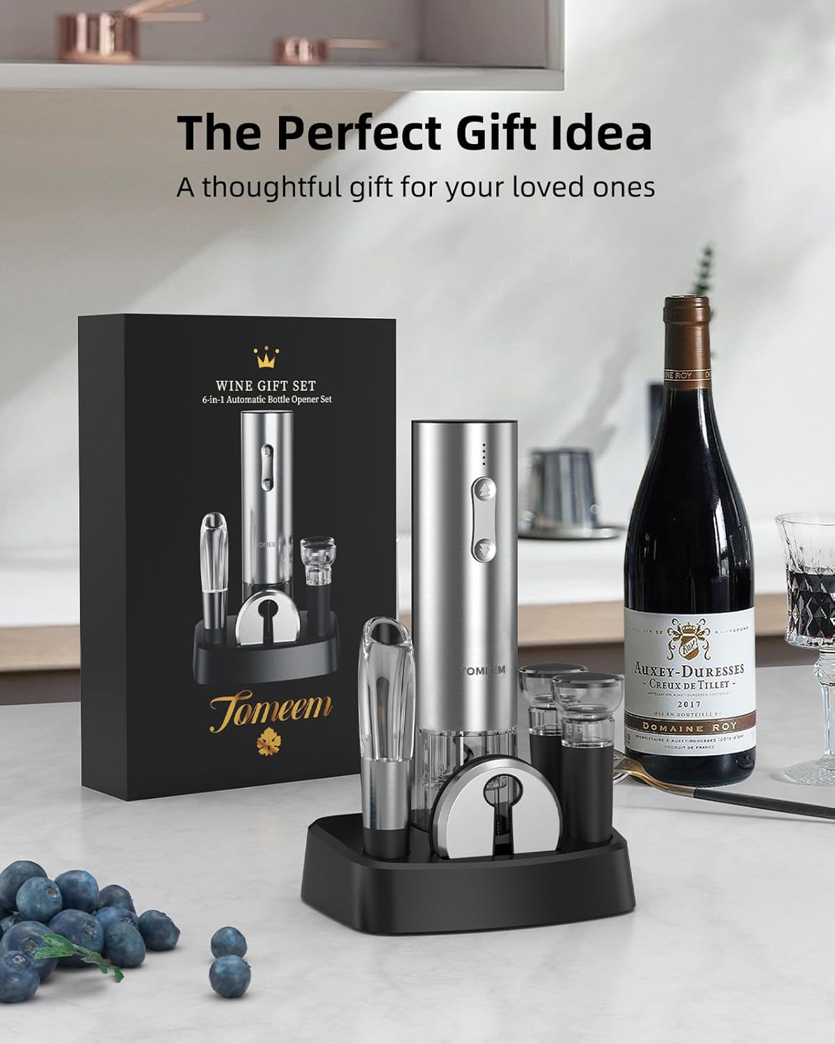 Electric Wine Opener Set - Rechargeable Wine Bottle Opener with Vacuum Stoppers,Wine Pourer, Foil Cutter,and Storage Stand - Ideal Wine Accessories & Wine Gift Set for Wine Lovers
