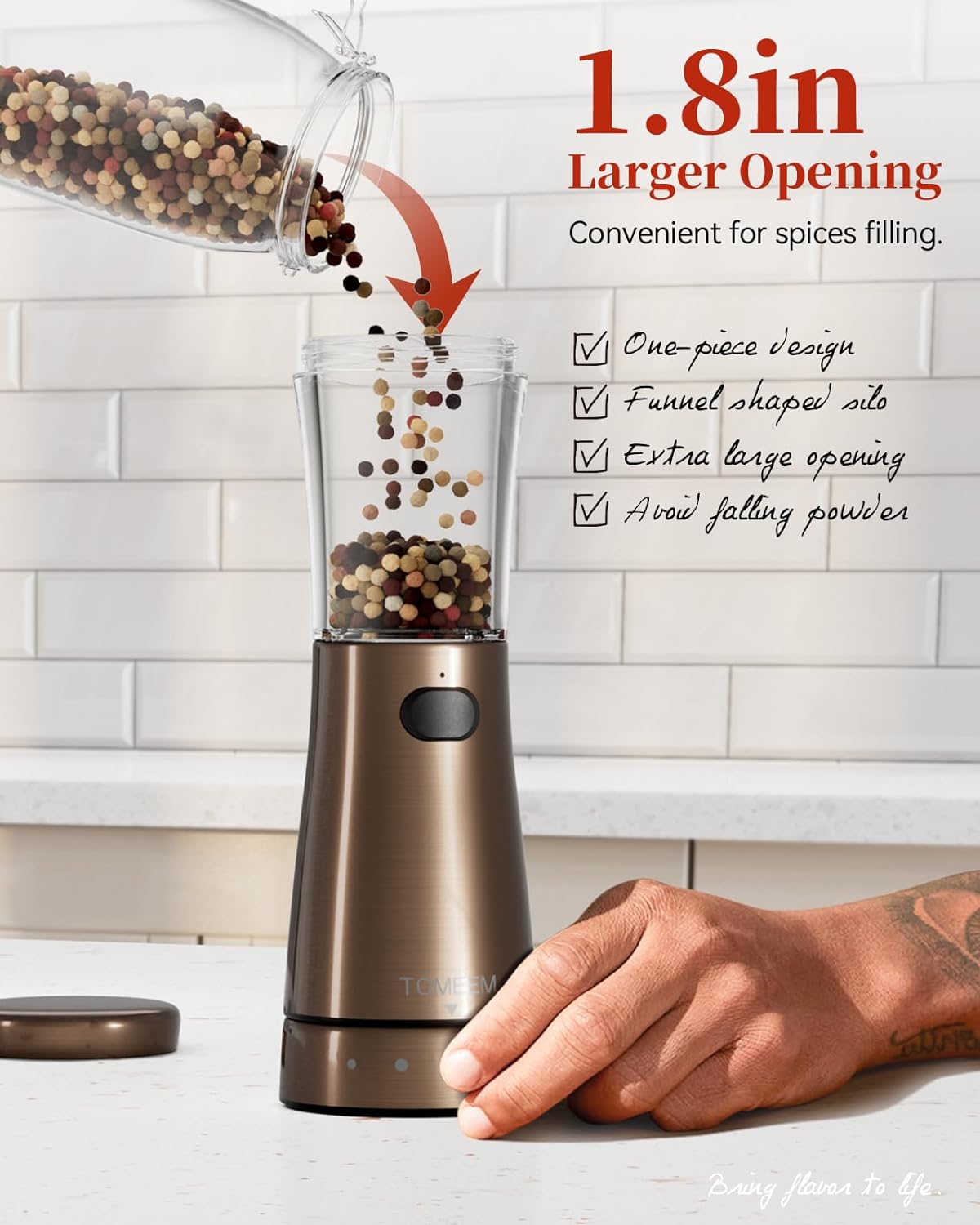 Electric Salt and Pepper Grinder Set with Storage Base, Stainless Steel Rechargeable Salt and Pepper Grinder Set with 4.5oz Large Capacity, 1.8" Wide Mouth, Adjustable Coarseness, Bronze