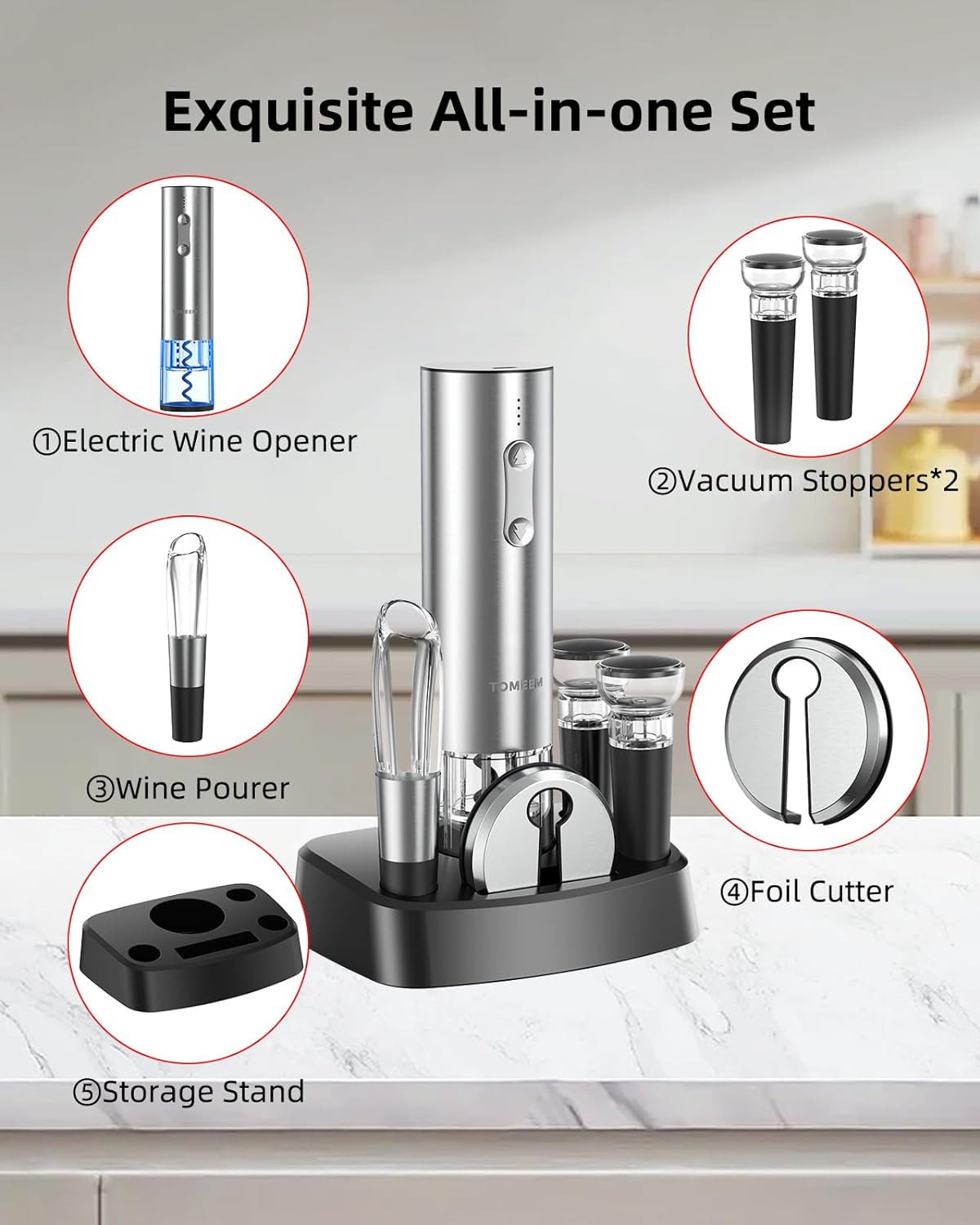 Electric Wine Opener Set - Rechargeable Wine Bottle Opener with Vacuum Stoppers,Wine Pourer, Foil Cutter,and Storage Stand - Ideal Wine Accessories & Wine Gift Set for Wine Lovers