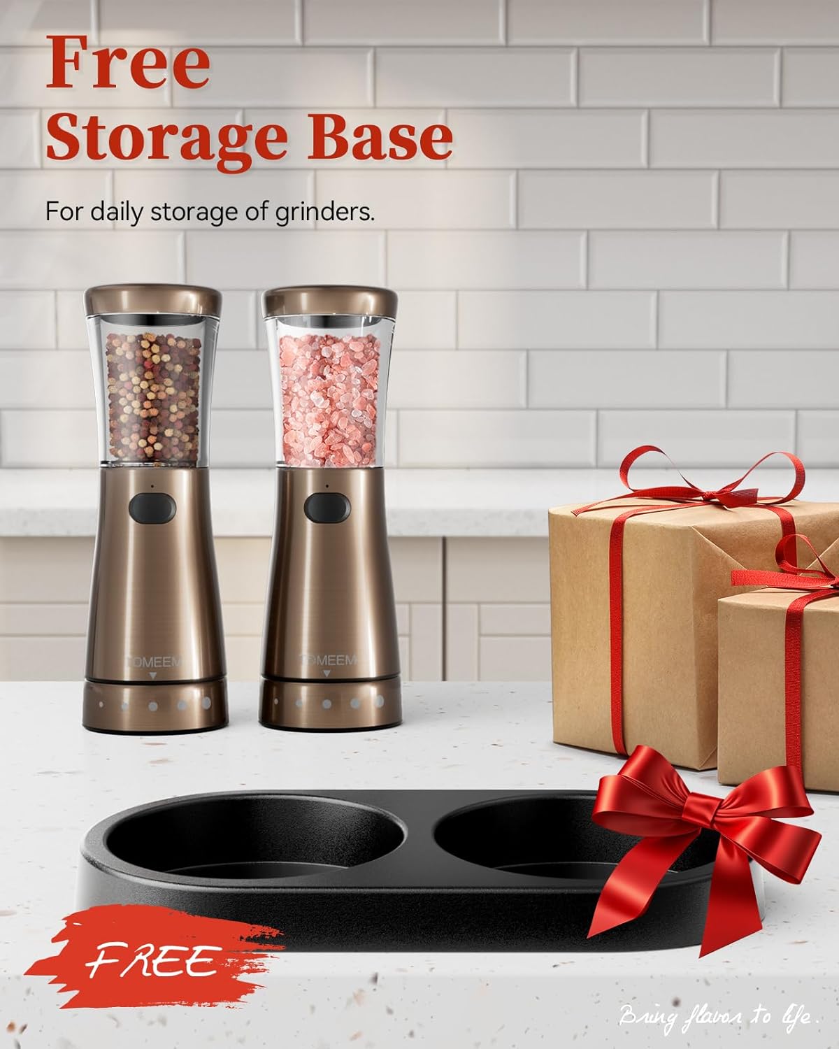 Electric Salt and Pepper Grinder Set with Storage Base, Stainless Steel Rechargeable Salt and Pepper Grinder Set with 4.5oz Large Capacity, 1.8" Wide Mouth, Adjustable Coarseness, Bronze