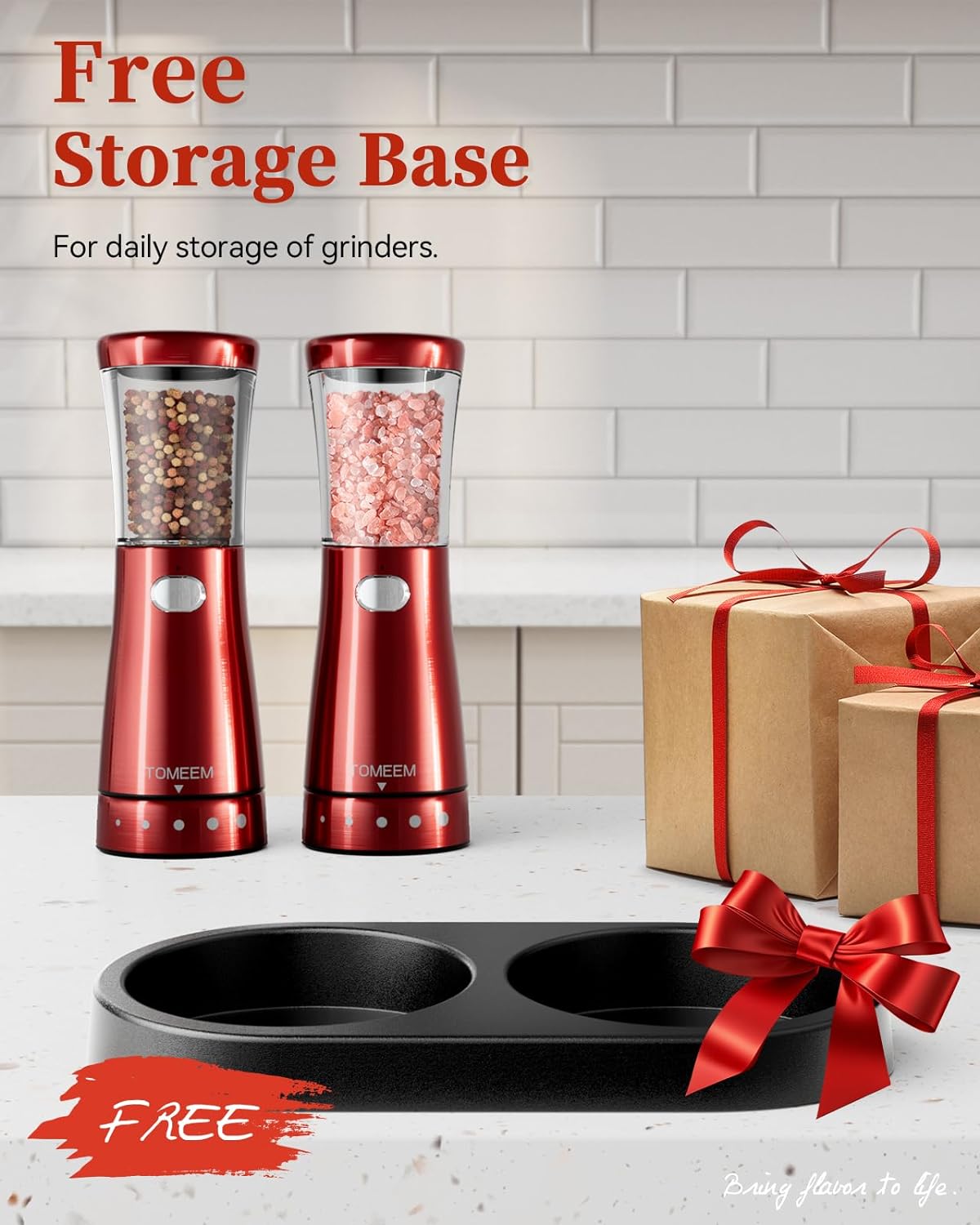 Electric Salt and Pepper Grinder Set with Storage Base, Stainless Steel Rechargeable Salt and Pepper Grinder Set with 4.5oz Large Capacity, 1.8" Wide Mouth, Adjustable Coarseness, Bright red