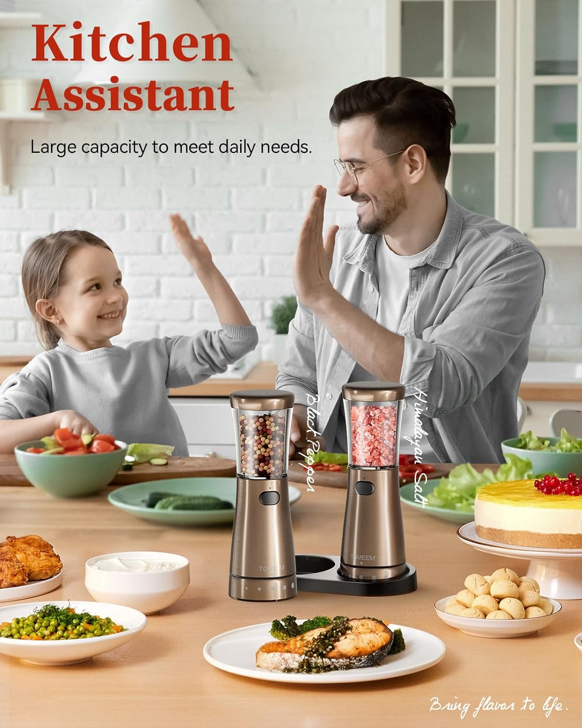 Electric Salt and Pepper Grinder Set with Storage Base, Stainless Steel Rechargeable Salt and Pepper Grinder Set with 4.5oz Large Capacity, 1.8" Wide Mouth, Adjustable Coarseness, Bronze