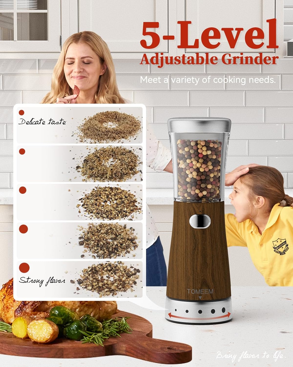 Electric Salt and Pepper Grinder Set, Large 4.5oz Capacity, Stainless Steel & Wood Design with Adjustable Coarseness and LED Light, USB Rechargeable, Salt and Pepper Grinder Set Includes Base Holder