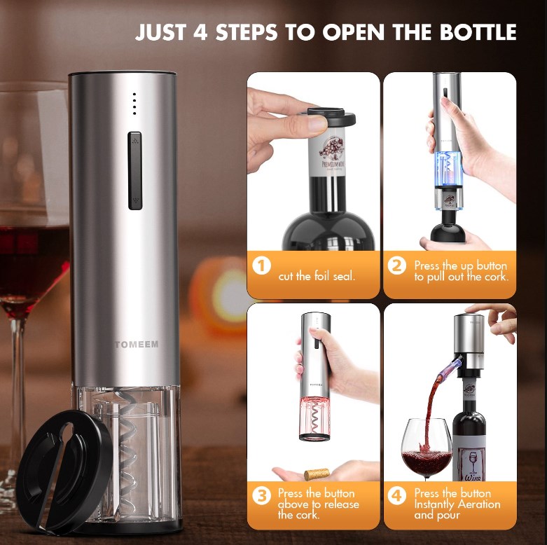 TOMEEM bottle openers Electric Wine Opener Set,Tomeem Gift Set with Rechargeable Wine Opener,4-in-1 Electric Bottle Opener for Home Party Bar Outdoor