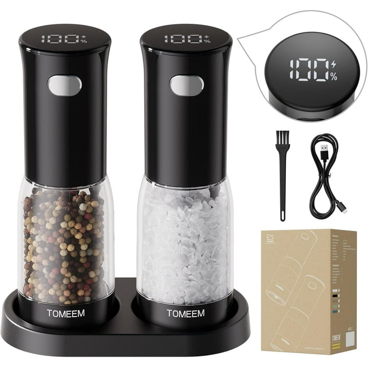 Tomeem Electric Salt and Pepper Grinder Set with LED Power Indicator, Type-C Rechargeable, 5 Adjustable Coarseness, 2 Pack