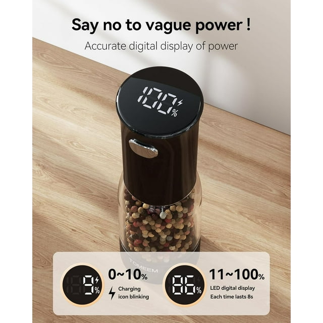 Tomeem Electric Salt and Pepper Grinder Set with LED Power Indicator, Type-C Rechargeable, 5 Adjustable Coarseness, 2 Pack