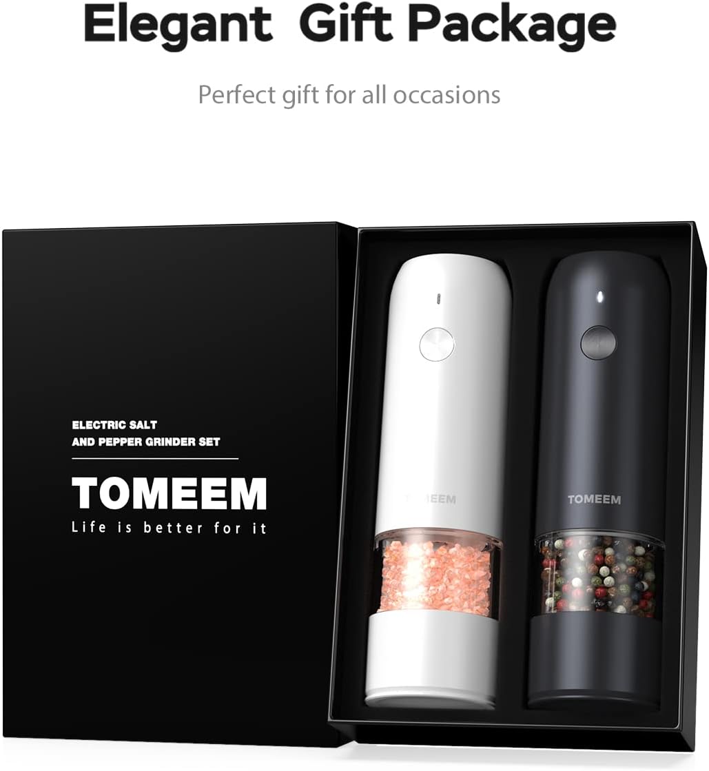 Electric Salt and Pepper Grinder Set - USB Rechargeable One Hand Operation Automatic Pepper Grinder and Salt Grinder with Adjustable Coarseness & LED Light Refillable