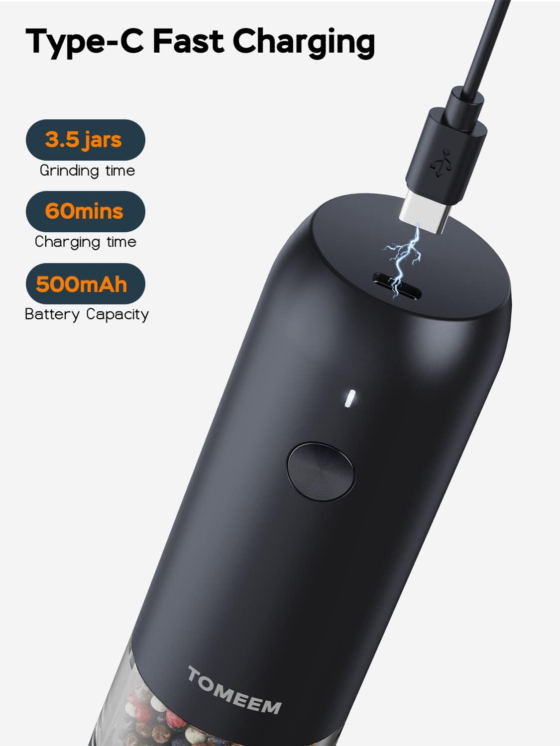 Electric Salt and Pepper Grinder Set - USB Rechargeable One Hand Operation Automatic Pepper Grinder and Salt Grinder with Adjustable Coarseness & LED Light Refillable