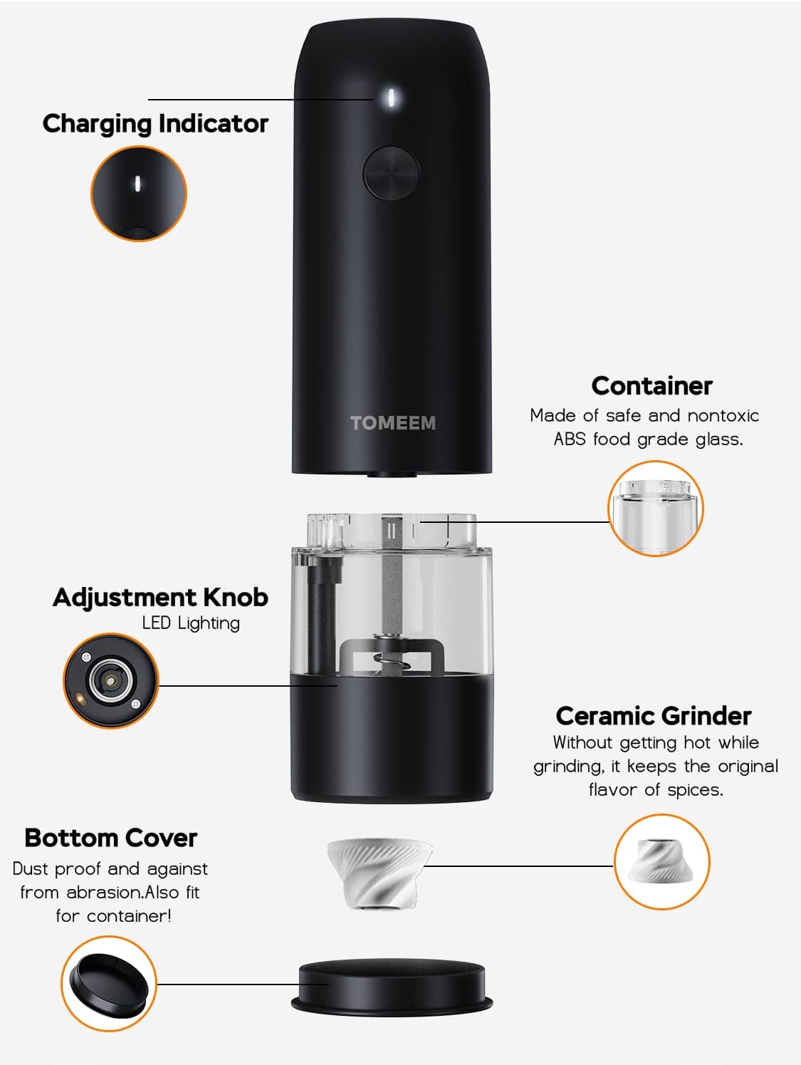 Electric Salt and Pepper Grinder Set - USB Rechargeable One Hand Operation Automatic Pepper Grinder and Salt Grinder with Adjustable Coarseness & LED Light Refillable