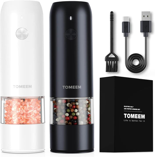 Electric Salt and Pepper Grinder Set - USB Rechargeable One Hand Operation Automatic Pepper Grinder and Salt Grinder with Adjustable Coarseness & LED Light Refillable