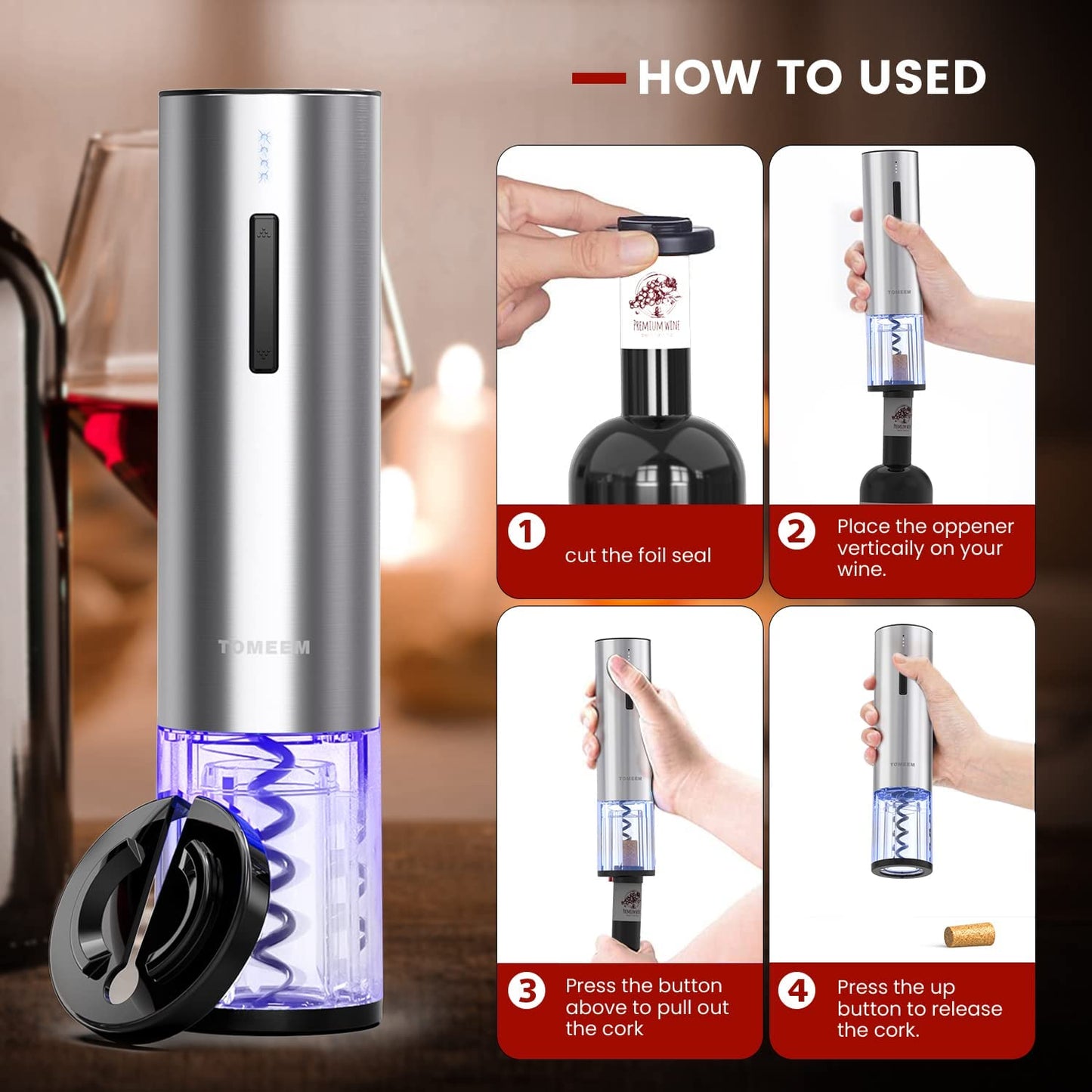 Wine Bottle Opener Set, Tomeem Wine Gift Set with Rechargeable Wine Opener and Foil Cutter, Wine Bottle Opener for Home, Party, Bar, Outdoor