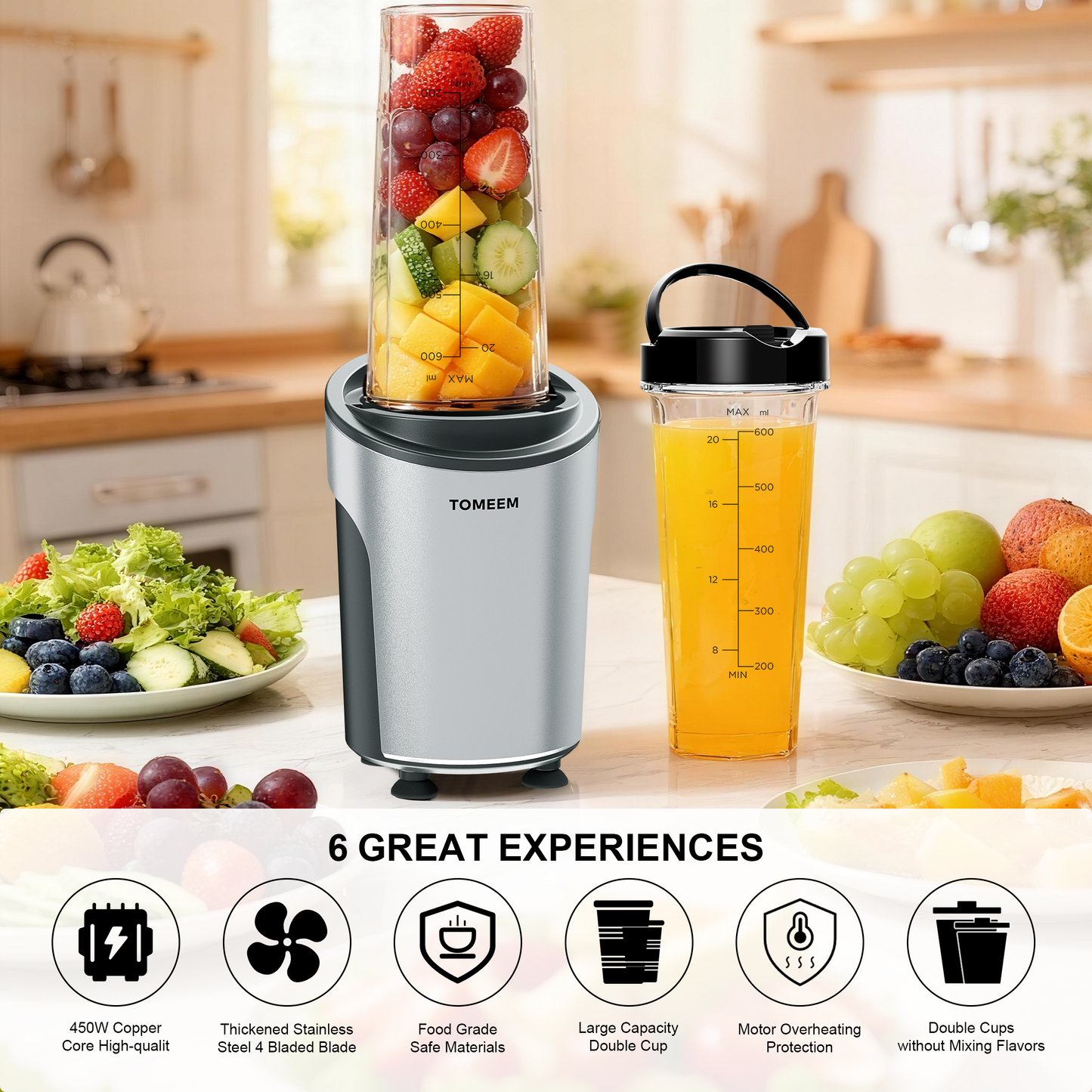 Tomeem Personal Blender with Travel Lid, 20 oz No-BPA Portable Bottle, 450 W, 4-Blade, Black