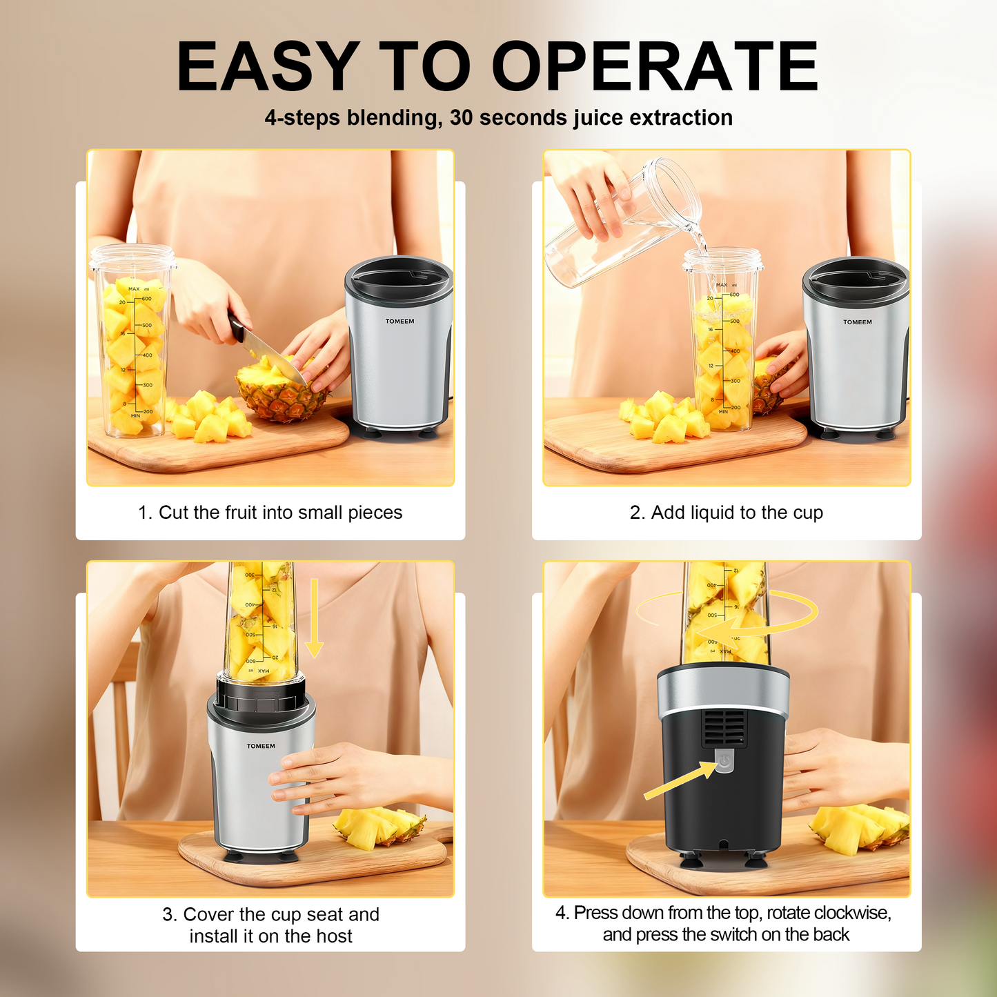 Tomeem Personal Blender with Travel Lid, 20 oz No-BPA Portable Bottle, 450 W, 4-Blade, Black