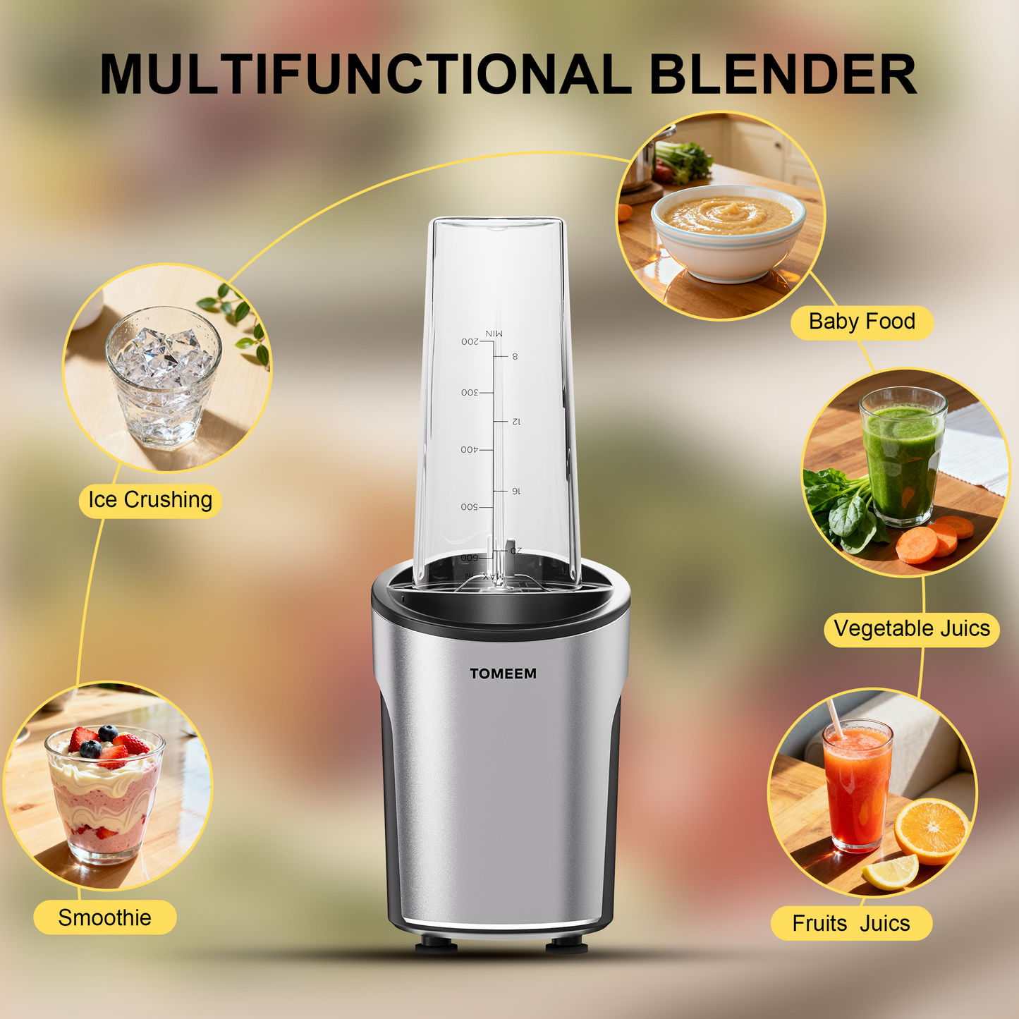 Tomeem Personal Blender with Travel Lid, 20 oz No-BPA Portable Bottle, 450 W, 4-Blade, Black