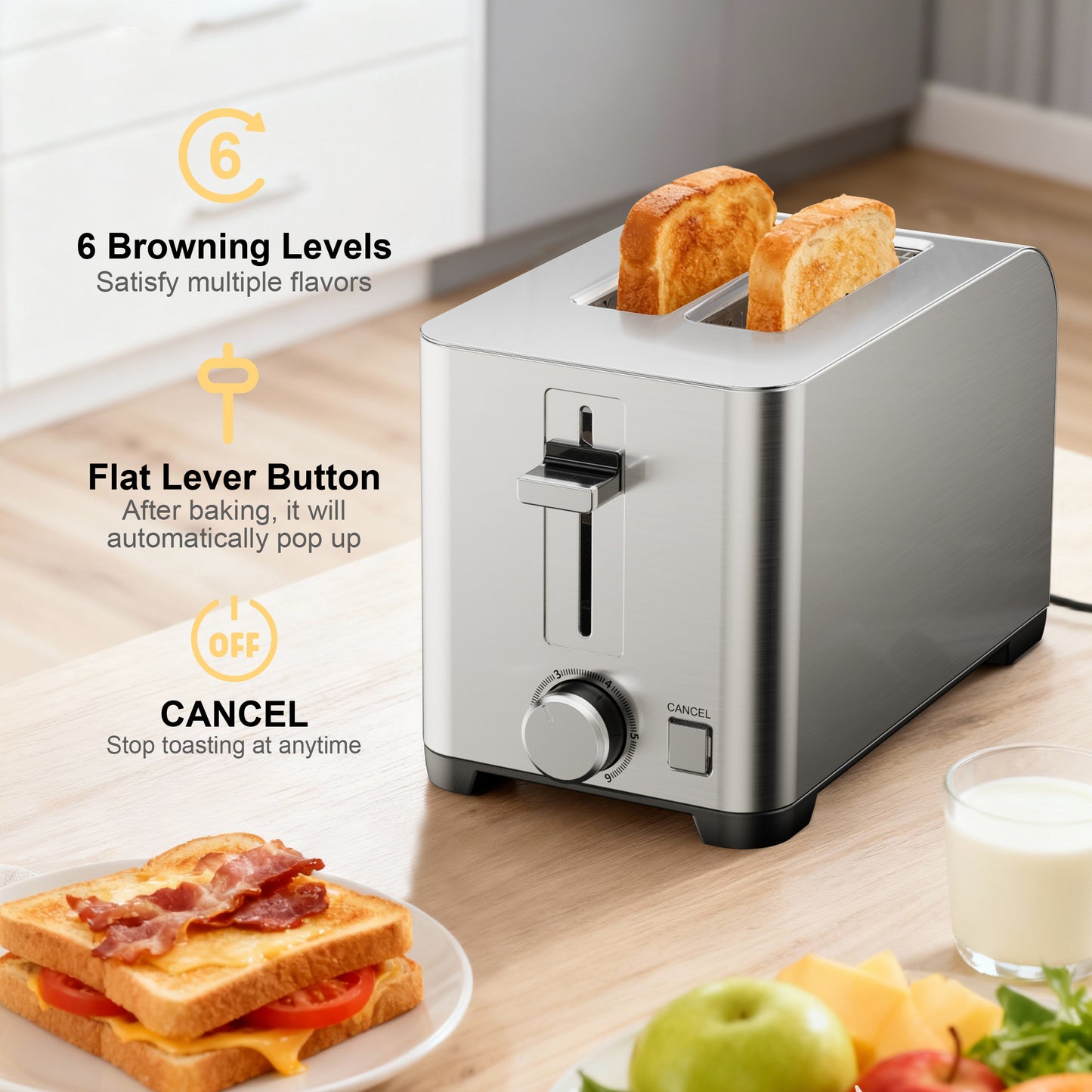 Tomeem 2-Slice Toaster with 6 Shade Settings, Removable Crumb Tray and Self-centering Guide, Stainless Steel