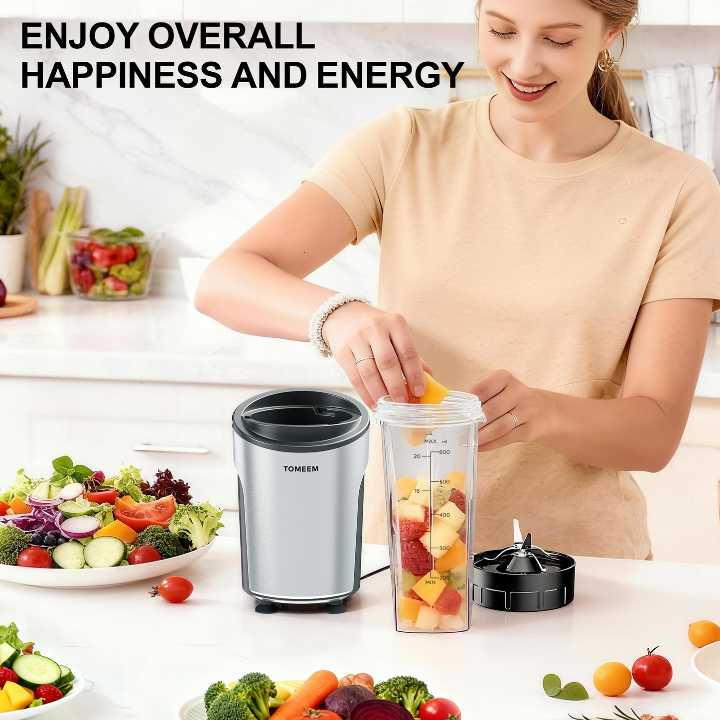 Tomeem Personal Blender with Travel Lid, 20 oz No-BPA Portable Bottle, 450 W, 4-Blade, Black