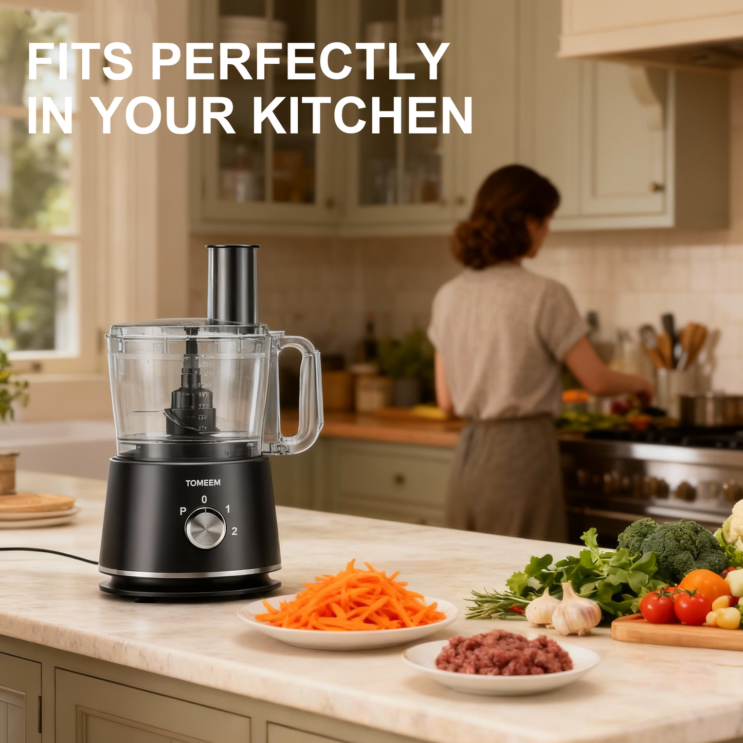 Tomeem Food Processor 600W, 12 Cup, 2 Speeds+Pulse, Chop, Puree, Slice, Shred & Knead Dough