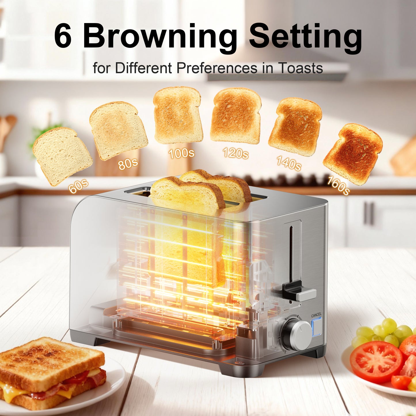 Tomeem 2-Slice Toaster with 6 Shade Settings, Removable Crumb Tray and Self-centering Guide, Stainless Steel