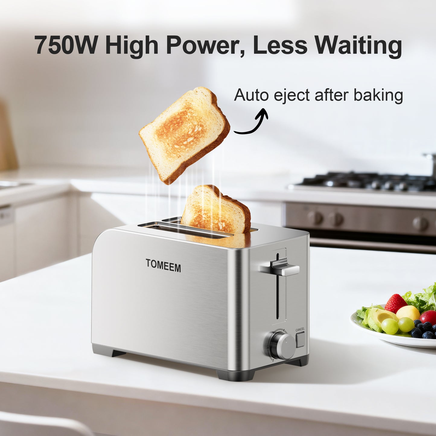 Tomeem 2-Slice Toaster with 6 Shade Settings, Removable Crumb Tray and Self-centering Guide, Stainless Steel