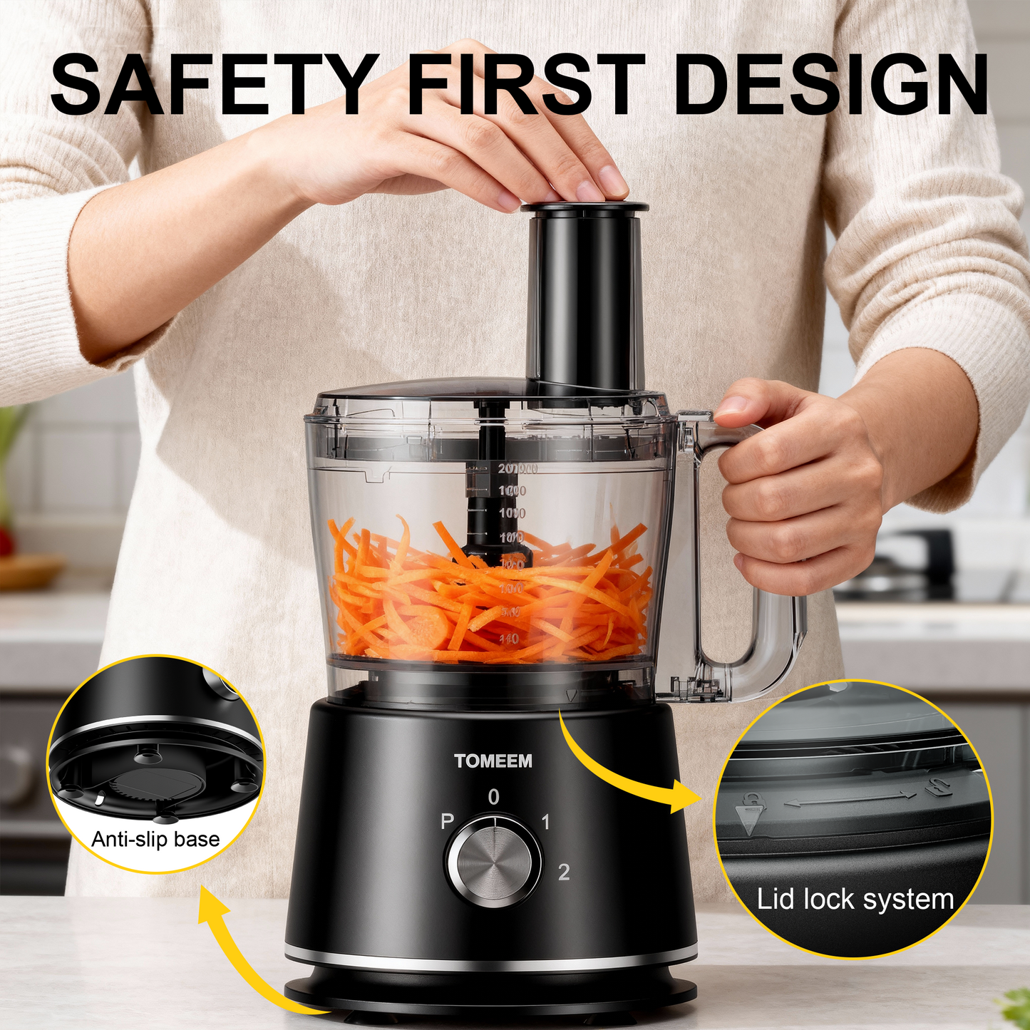 Tomeem Food Processor 600W, 12 Cup, 2 Speeds+Pulse, Chop, Puree, Slice, Shred & Knead Dough