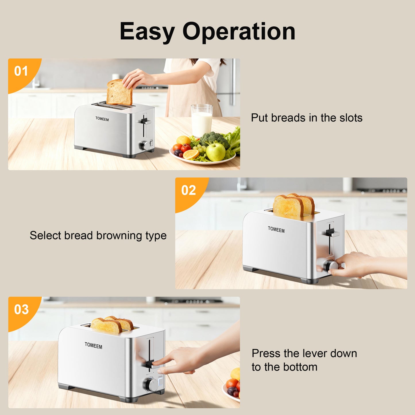 Tomeem 2-Slice Toaster with 6 Shade Settings, Removable Crumb Tray and Self-centering Guide, Stainless Steel