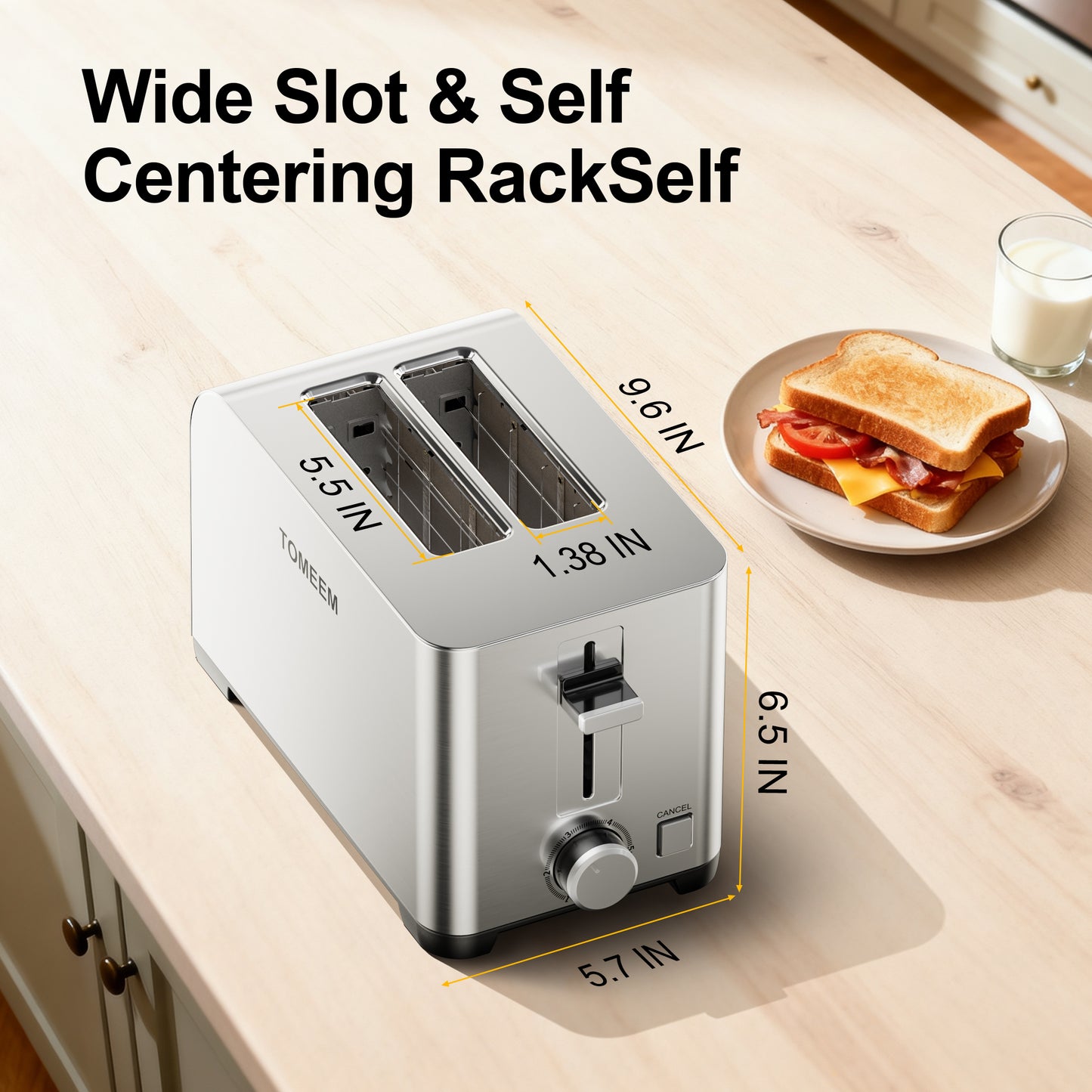 Tomeem 2-Slice Toaster with 6 Shade Settings, Removable Crumb Tray and Self-centering Guide, Stainless Steel