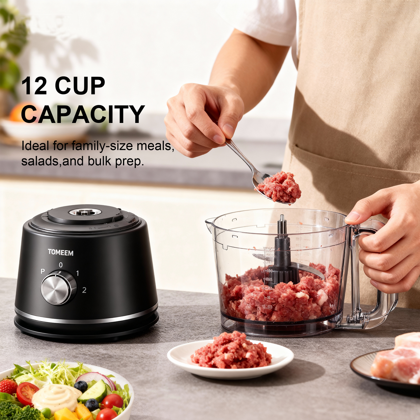 Tomeem Food Processor 600W, 12 Cup, 2 Speeds+Pulse, Chop, Puree, Slice, Shred & Knead Dough