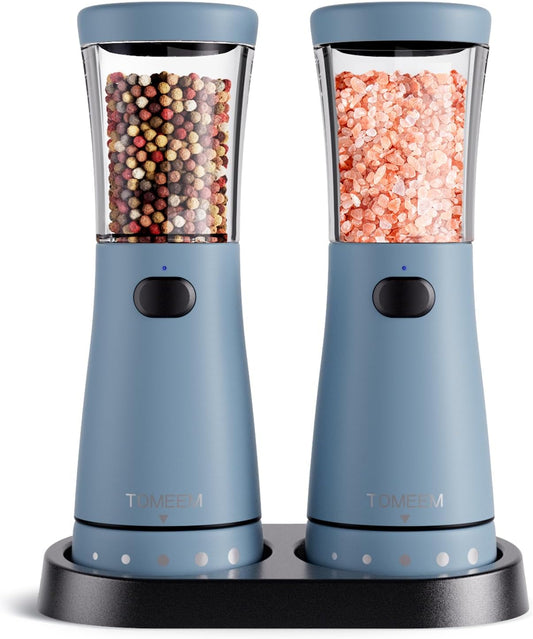 Electric Salt and Pepper Grinder Set with Storage Base, Stainless Steel Rechargeable Salt and Pepper Grinder Set with 4.5oz Large Capacity, 1.8" Wide Mouth, Adjustable Coarseness, Blue
