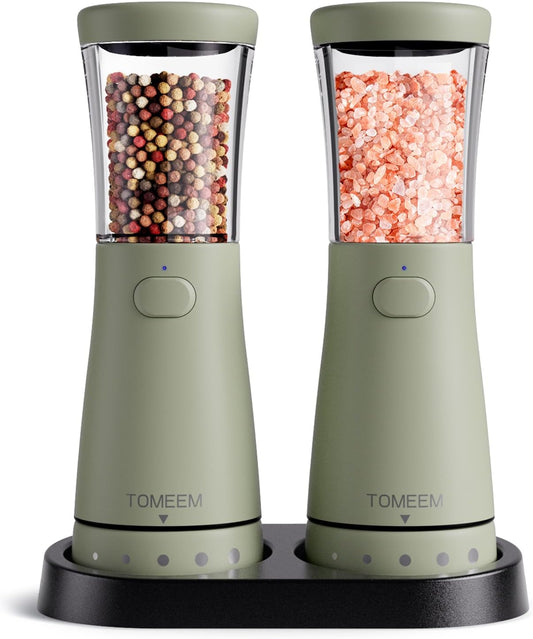 Electric Salt and Pepper Grinder Set with Storage Base, Stainless Steel Rechargeable Salt and Pepper Grinder Set with 4.5oz Large Capacity, 1.8" Wide Mouth, Adjustable Coarseness, Green