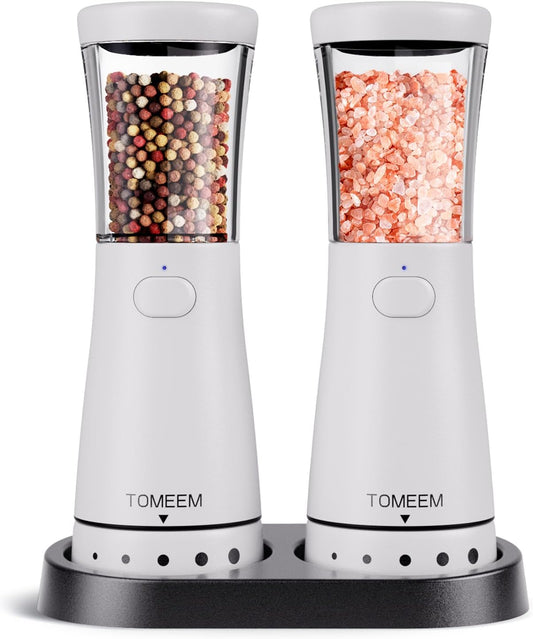 Electric Salt and Pepper Grinder Set with Storage Base, Stainless Steel Rechargeable Salt and Pepper Grinder Set with 4.5oz Large Capacity, 1.8" Wide Mouth, Adjustable Coarseness, Matte white