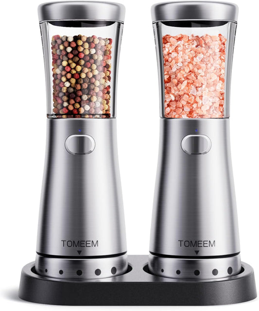 Electric Salt and Pepper Grinder Set with Storage Base, Stainless Steel Rechargeable Salt and Pepper Grinder Set with 4.5oz Large Capacity