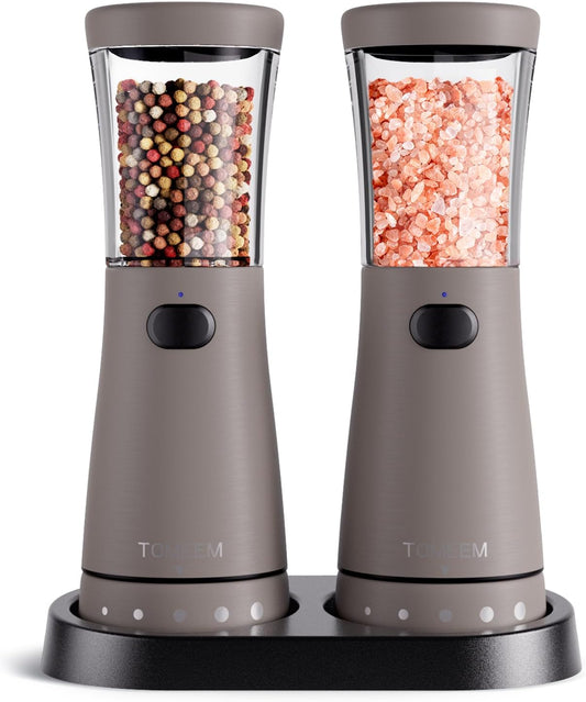 Electric Salt and Pepper Grinder Set with Storage Base, Stainless Steel Rechargeable Salt and Pepper Grinder Set with 4.5oz Large Capacity, 1.8" Wide Mouth, Adjustable Coarseness, Dark Grey