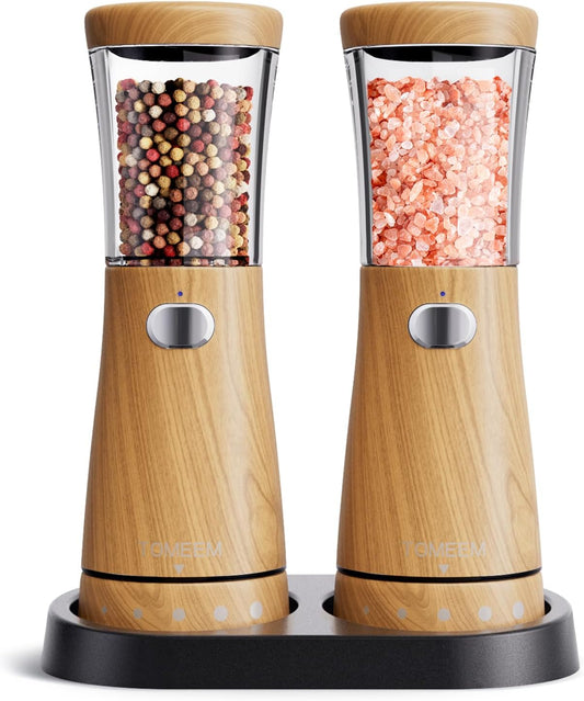 Electric Salt and Pepper Grinder Set, Large 4.5oz Capacity, Stainless Steel & Wood Design with Adjustable Coarseness and LED Light, USB Rechargeable, Salt and Pepper Grinder Set