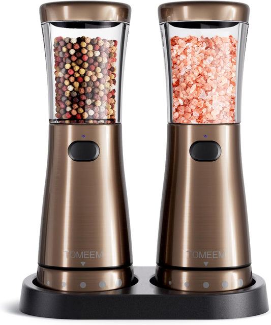 Electric Salt and Pepper Grinder Set with Storage Base, Stainless Steel Rechargeable Salt and Pepper Grinder Set with 4.5oz Large Capacity, 1.8" Wide Mouth, Adjustable Coarseness, Bronze