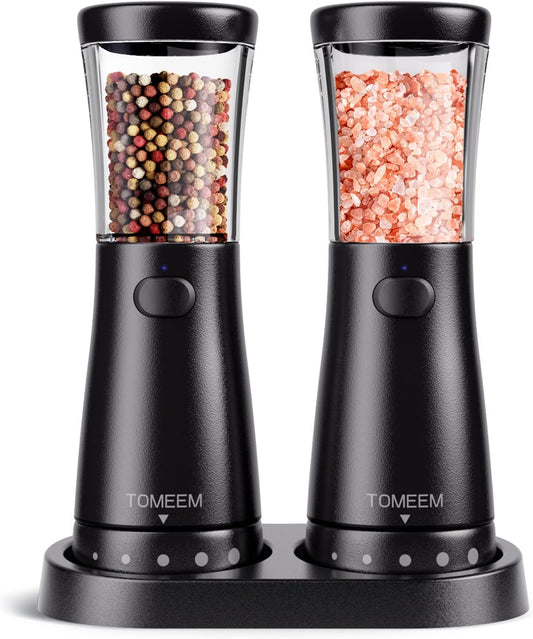 Electric Salt and Pepper Grinder Set with Storage Base, Stainless Steel Rechargeable Salt and Pepper Grinder Set with 4.5oz Large Capacity, 1.8" Wide Mouth, Adjustable Coarseness, Matte Black