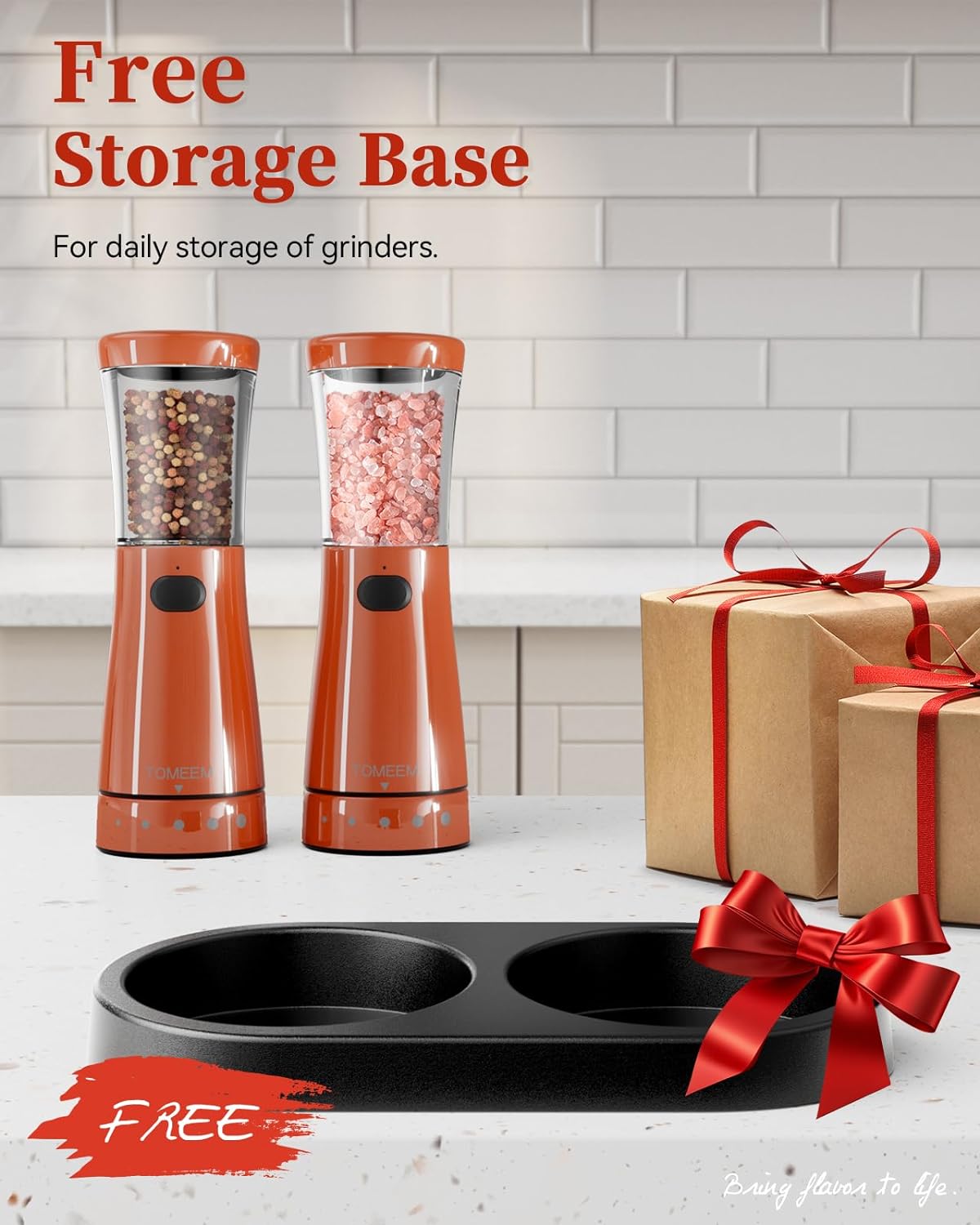 Electric Salt and Pepper Grinder Set with Storage Base, Stainless Steel Rechargeable Salt and Pepper Grinder Set with 4.5oz Large Capacity, 1.8" Wide Mouth, Adjustable Coarseness, Bright Orange