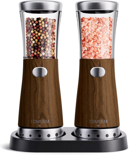 Electric Salt and Pepper Grinder Set, Large 4.5oz Capacity, Stainless Steel & Wood Design with Adjustable Coarseness and LED Light, USB Rechargeable, Salt and Pepper Grinder Set Includes Base Holder