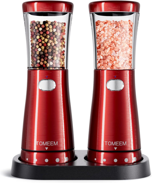 Electric Salt and Pepper Grinder Set with Storage Base, Stainless Steel Rechargeable Salt and Pepper Grinder Set with 4.5oz Large Capacity, 1.8" Wide Mouth, Adjustable Coarseness, Bright red