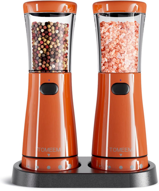 Electric Salt and Pepper Grinder Set with Storage Base, Stainless Steel Rechargeable Salt and Pepper Grinder Set with 4.5oz Large Capacity, 1.8" Wide Mouth, Adjustable Coarseness, Bright Orange