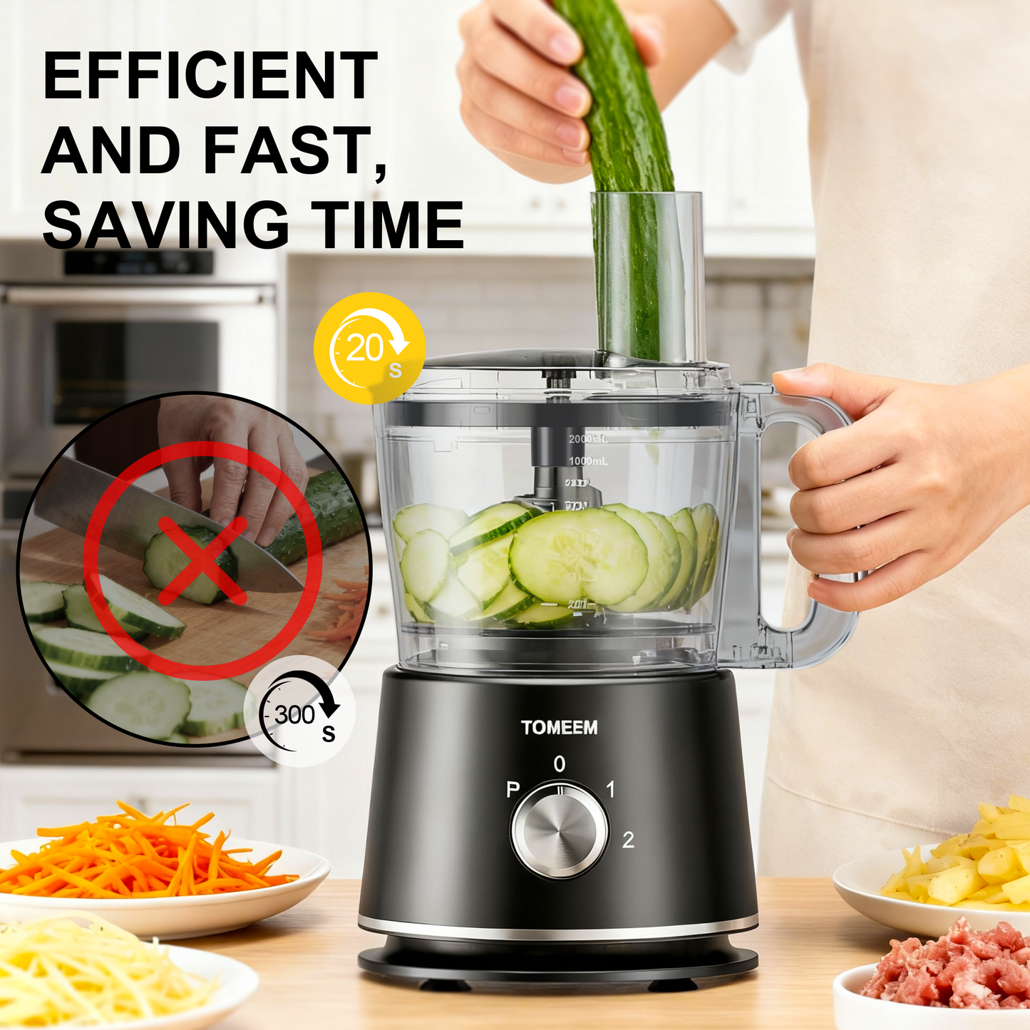 Tomeem Food Processor 600W, 12 Cup, 2 Speeds+Pulse, Chop, Puree, Slice, Shred & Knead Dough