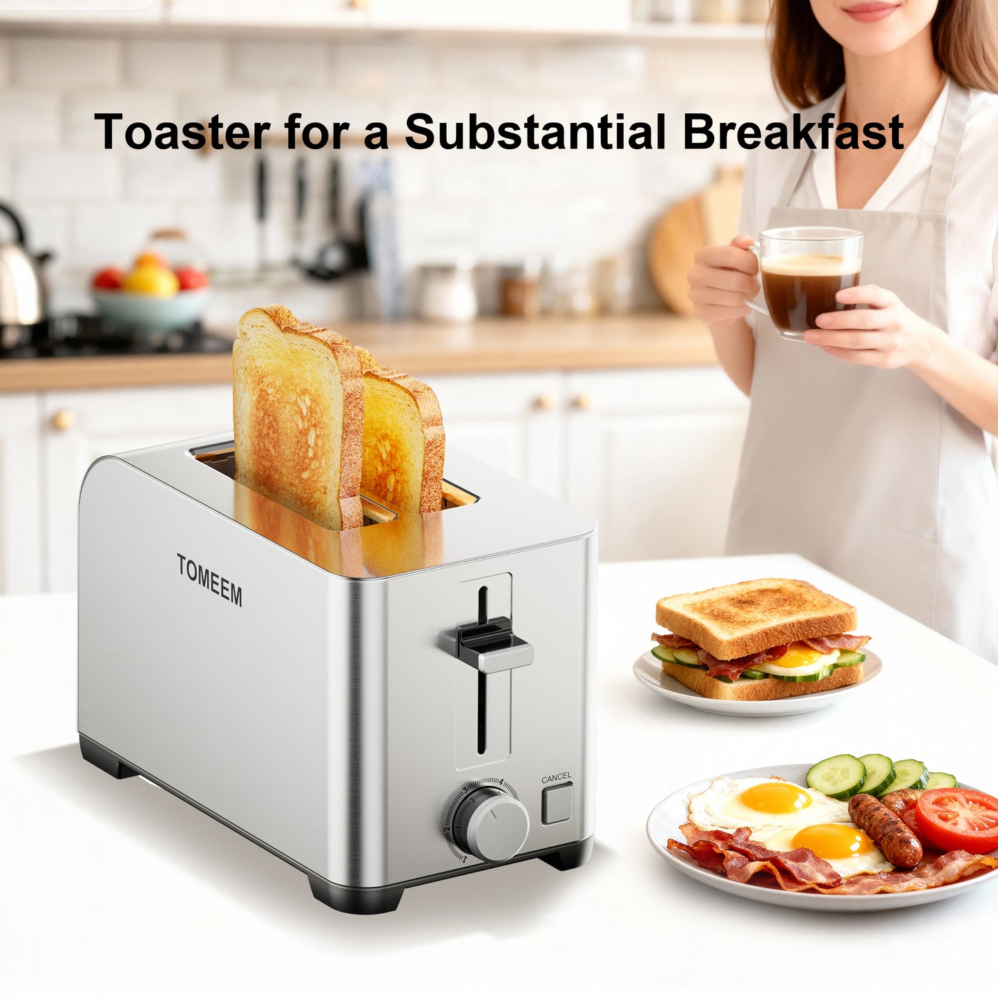 Tomeem 2-Slice Toaster with 6 Shade Settings, Removable Crumb Tray and Self-centering Guide, Stainless Steel