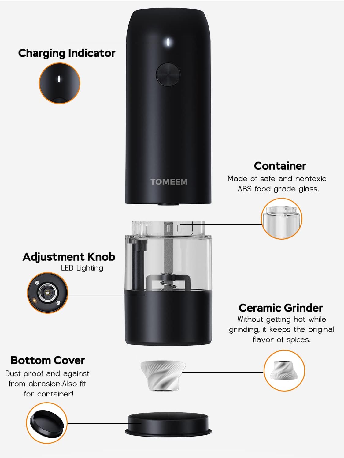 Tomeem Electric Salt and Pepper Grinder Set Stainless Steel Automatic One Hand Operation Adjustable Coarseness Mill Grinders Shakers & LED Light
