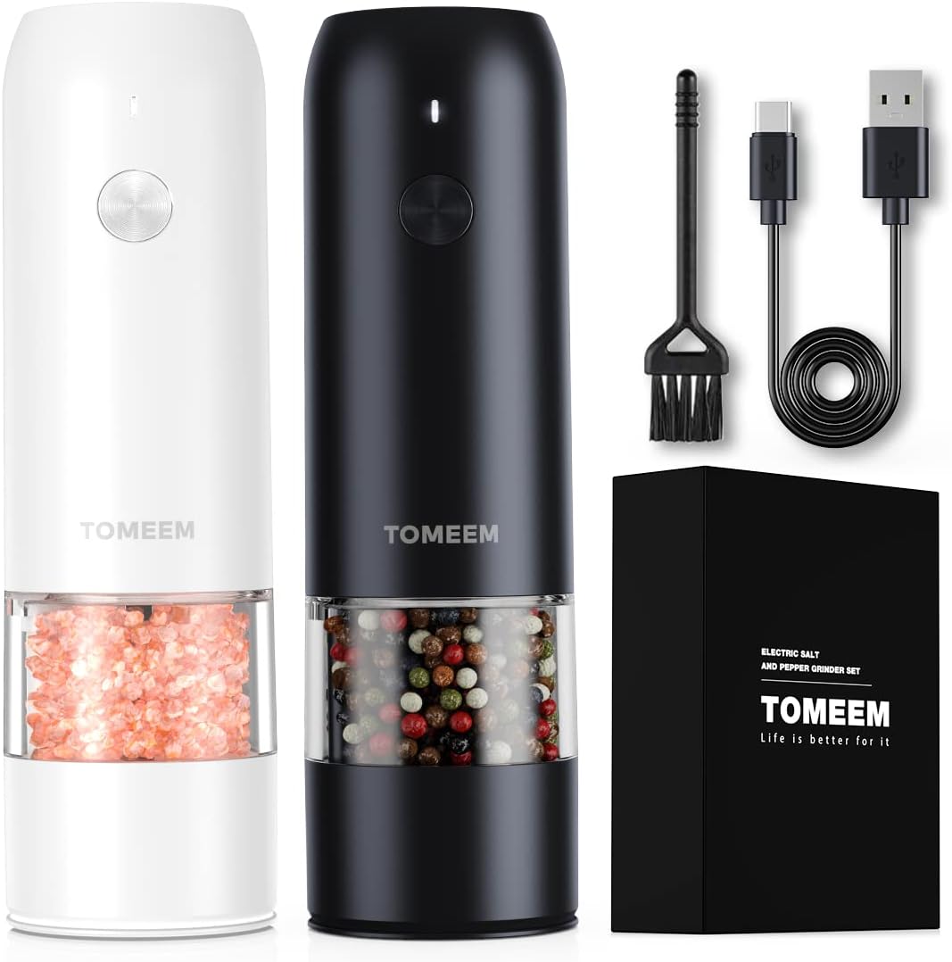 Electric Salt and Pepper Grinder Set - USB Rechargeable One Hand Operation Automatic Pepper Grinder and Salt Grinder with Adjustable Coarseness & LED Light Refillable