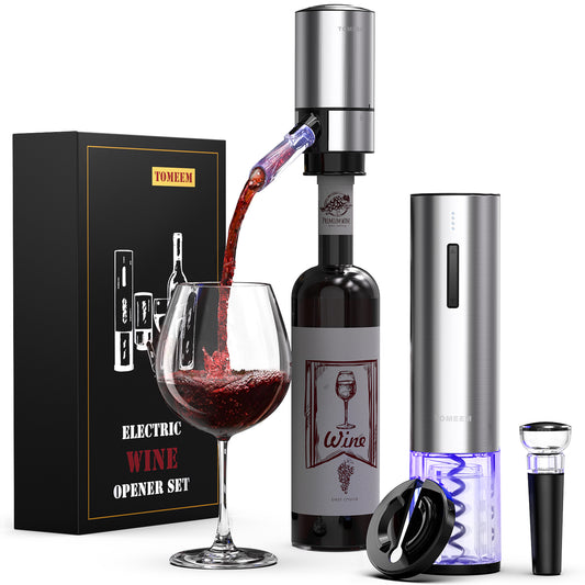 Electric Wine Opener Set, Tomeem Wine Gift Set with Rechargeable Wine Opener, Electric Wine Aerator, Vacuum Stoppers and Foil Cutter, 4-in-1 Electric Wine Bottle Opener for Home Party Bar Outdoor