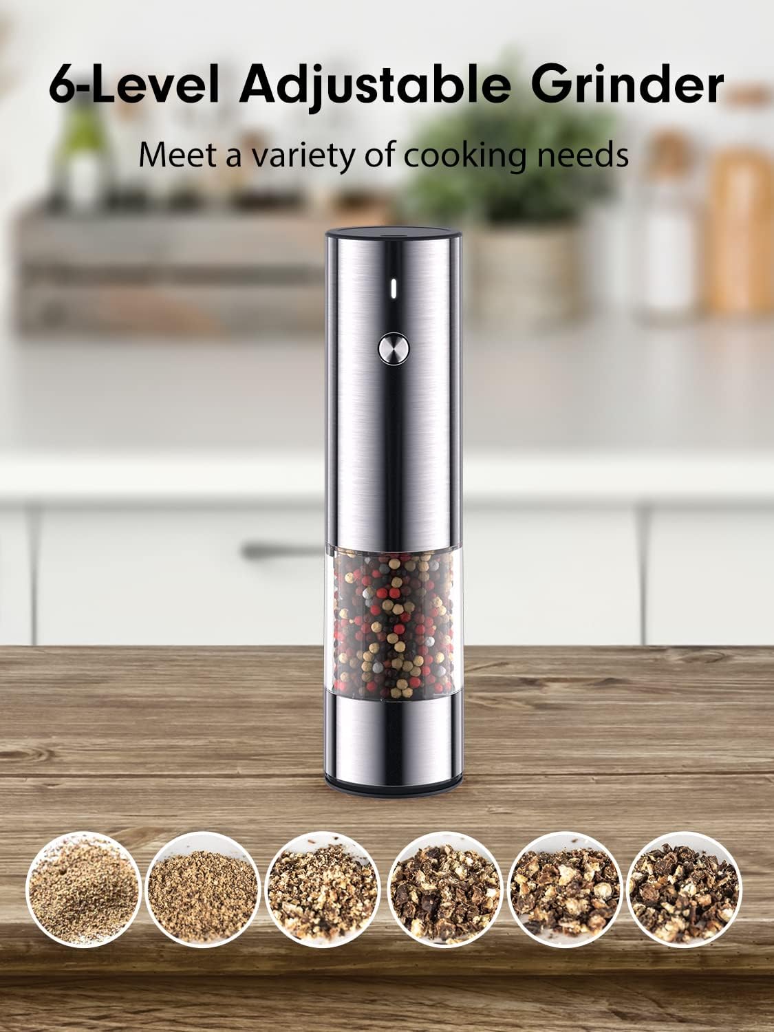  Electric Salt and Pepper Grinder Set - Battery Operated Automatic  Pepper Mill Grinder - Adjustable Coarseness - Refillable Large Capacity -  One Hand Automatic Operation - Stainless Steel, LED Light: Home & Kitchen