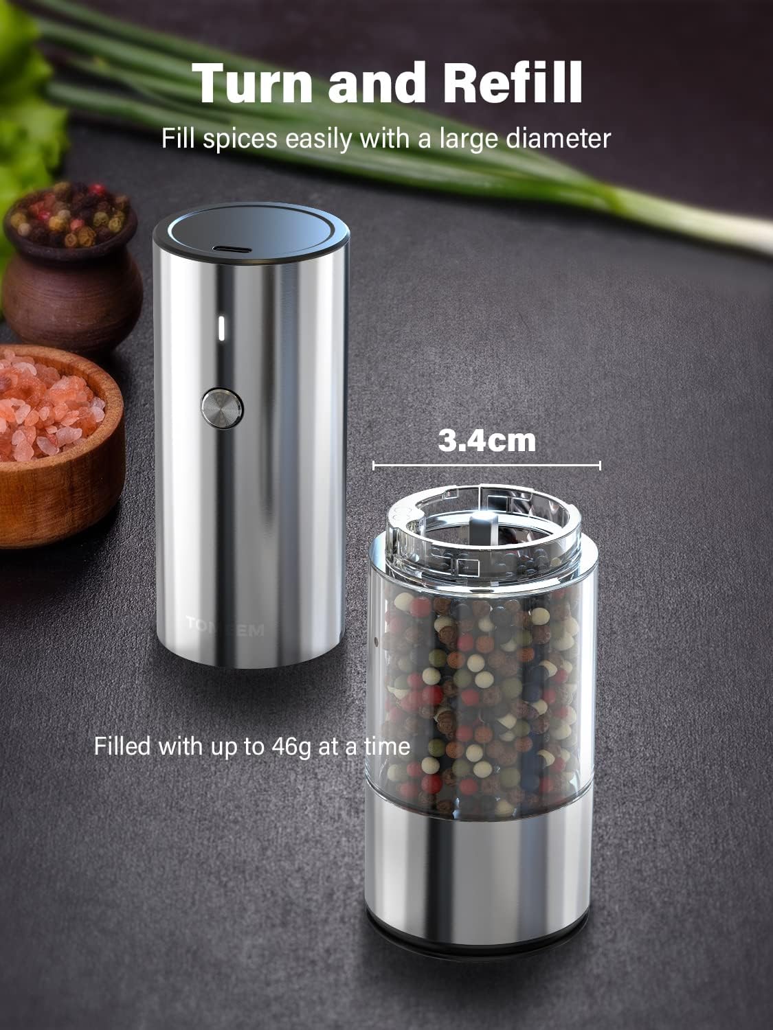Tomeem Adjustable White Salt & Black Pepper Grinder with LED Light